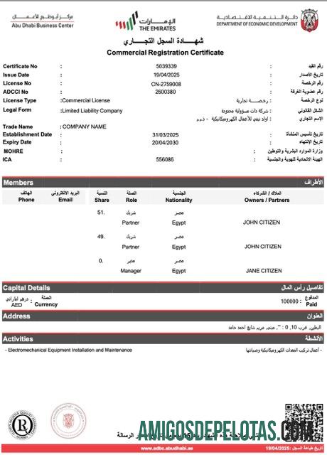 Certificado de registro comercial dos Emirados Árabes Unidos para impressão, modelo Word e PDF